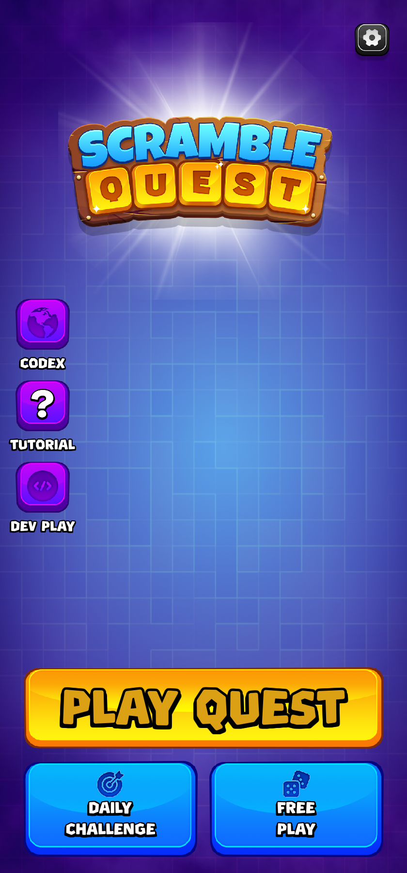 Main menu with Play Quest, Daily Challenge, and Free Play