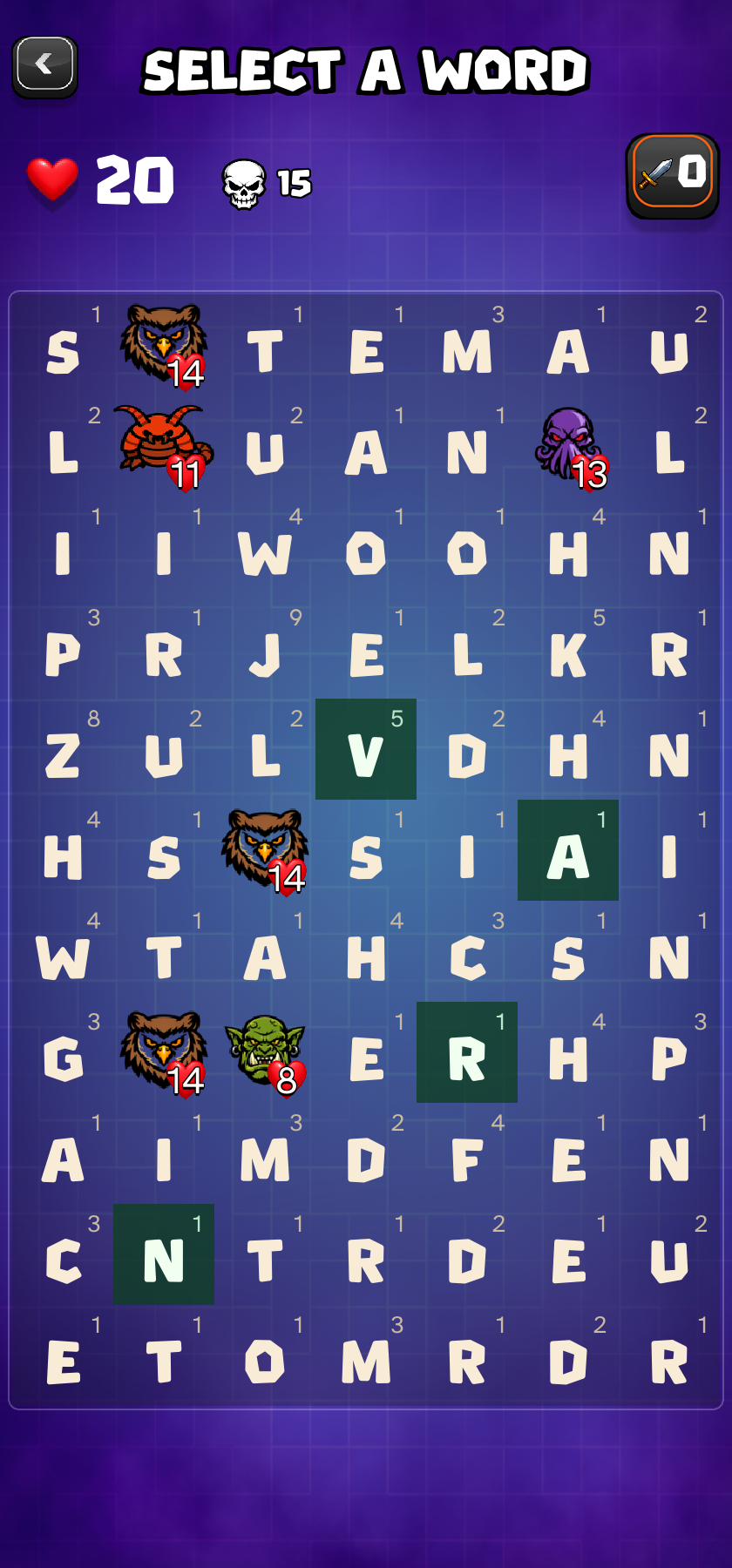 Gameplay — find words on the grid to defeat monsters
