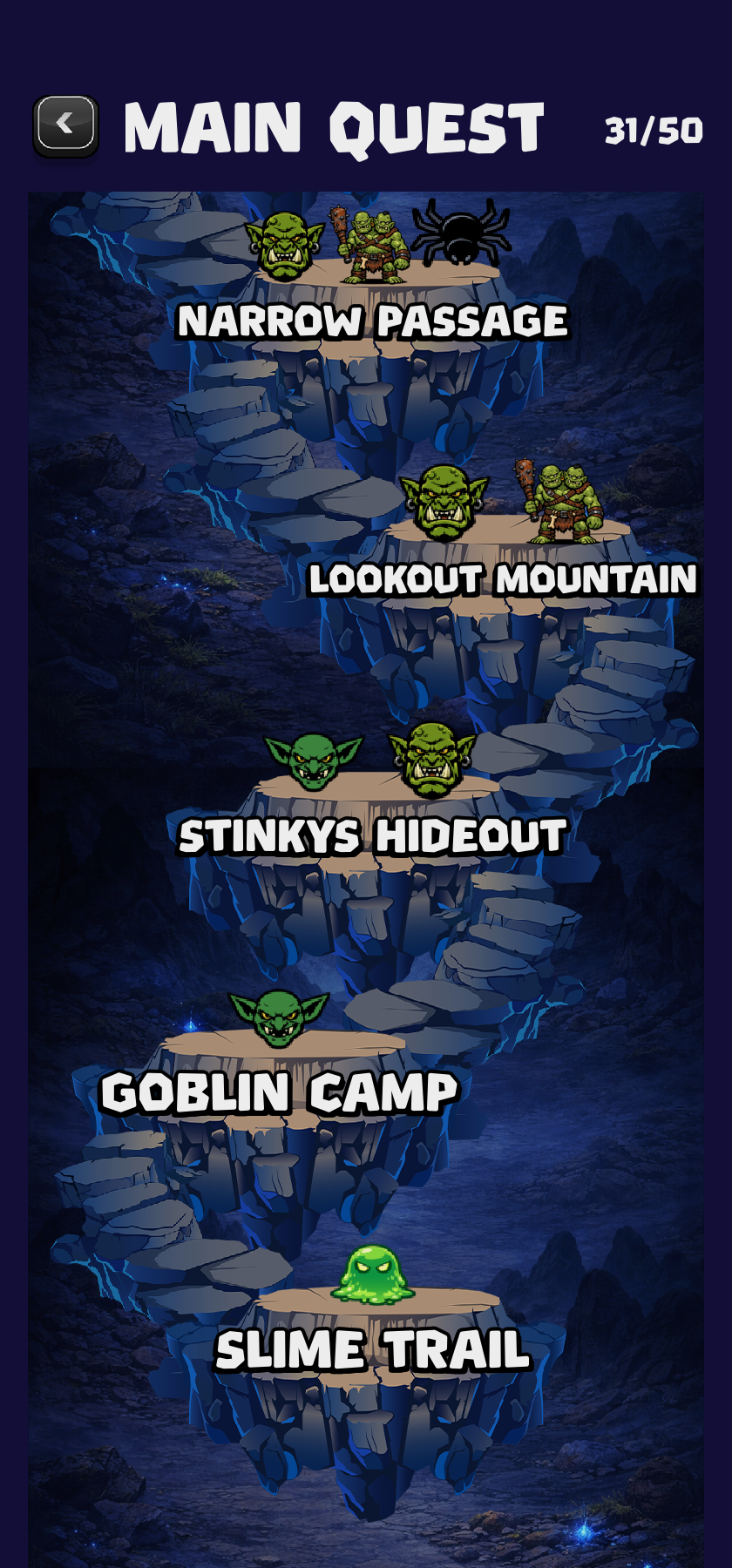 Quest map — 50 levels across five regions